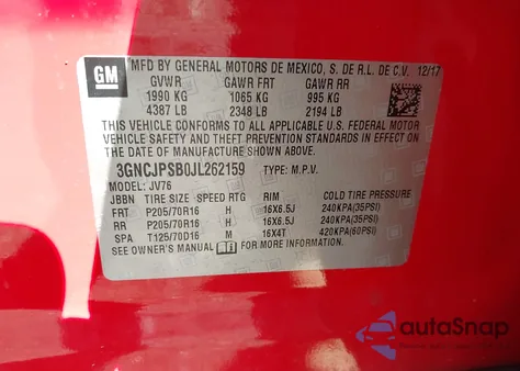 2018 Chevrolet Trax Lt из США, поврежденный, VIN 3GNCJPSB0JL262159